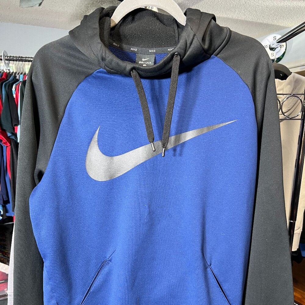 Nike Blue and Grey Hoodie with Swoosh Logo and Kangaroo Pocket SZ M